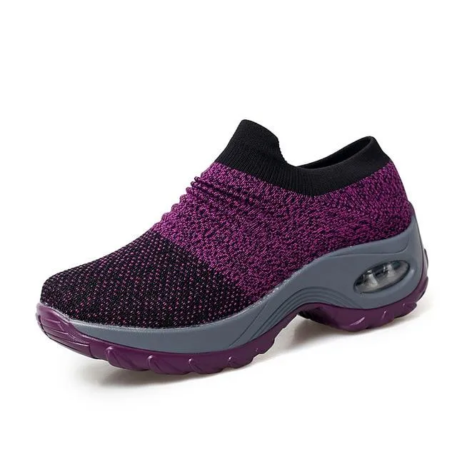 Shoes flat slip on platform black breathable mesh  sneakers