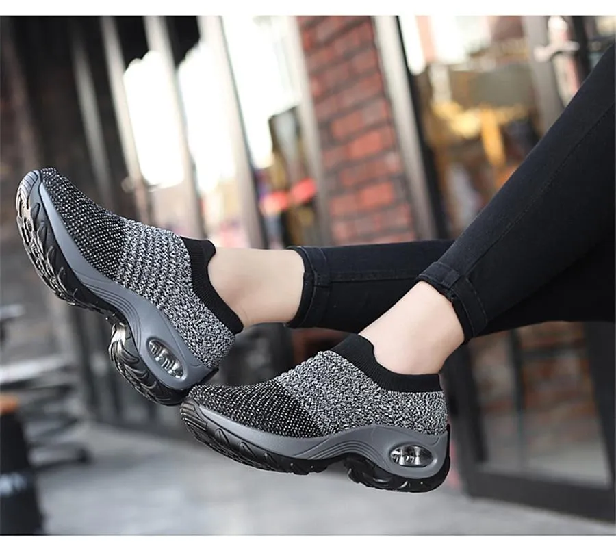 Shoes flat slip on platform black breathable mesh  sneakers