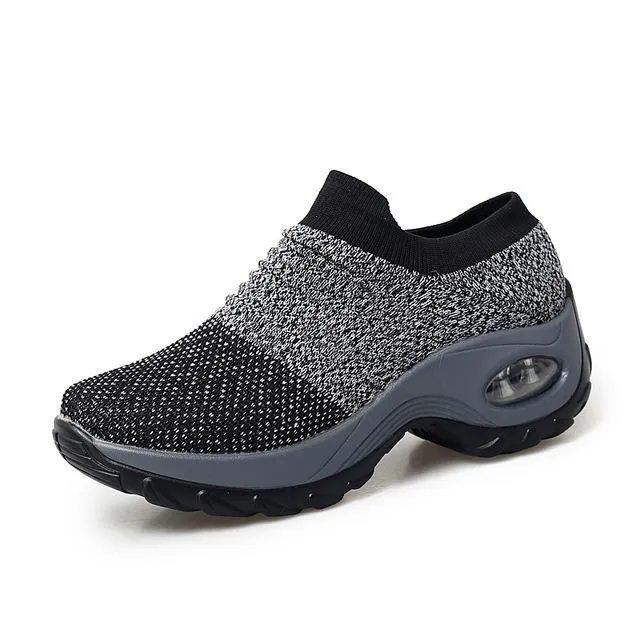 Shoes flat slip on platform black breathable mesh  sneakers