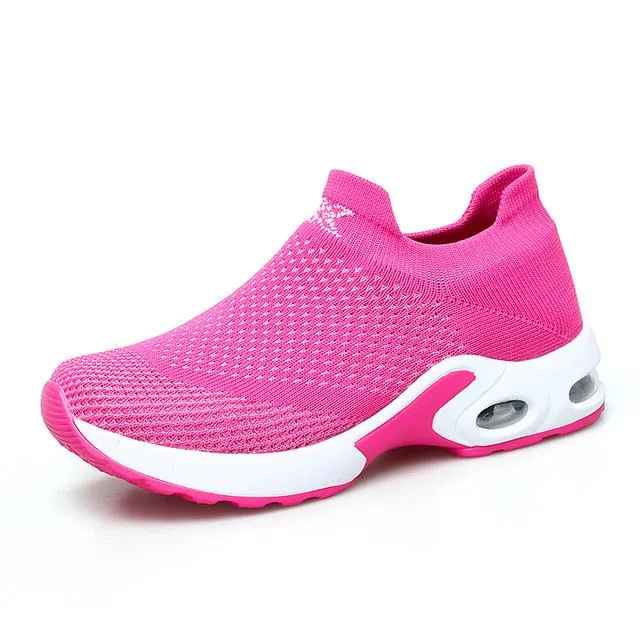 Shoes flat slip on platform black breathable mesh  sneakers