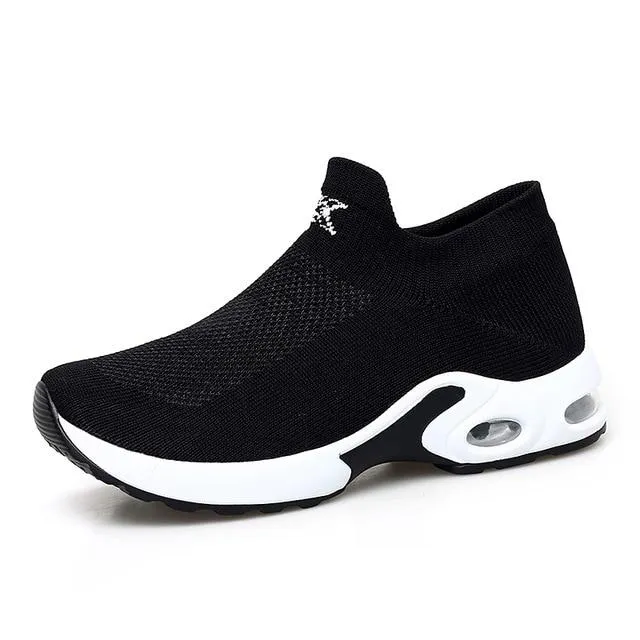 Shoes flat slip on platform black breathable mesh  sneakers