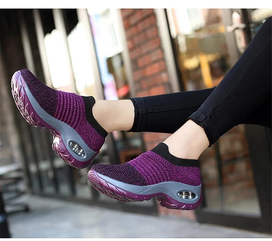 Shoes flat slip on platform black breathable mesh  sneakers