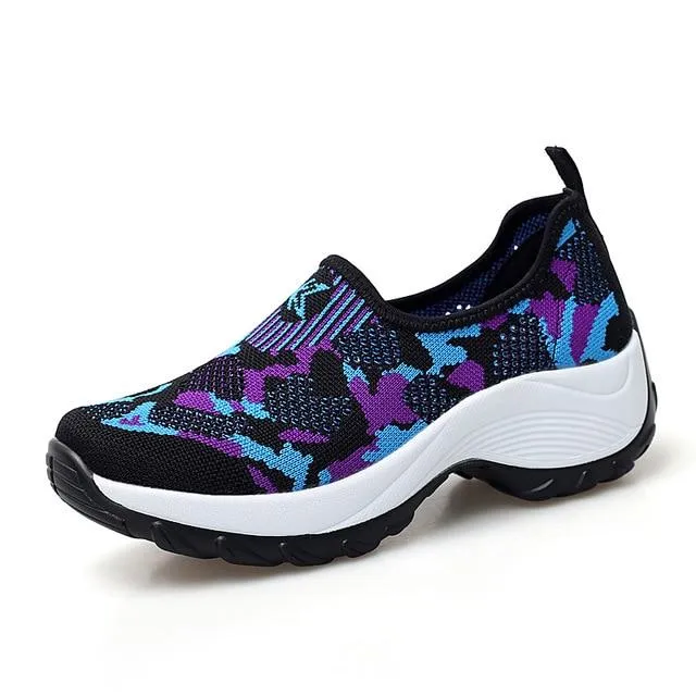 Shoes flat slip on platform black breathable mesh  sneakers