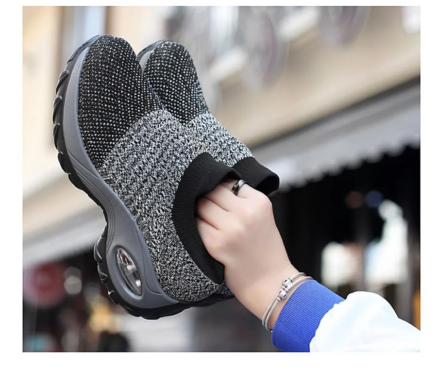 Shoes flat slip on platform black breathable mesh  sneakers