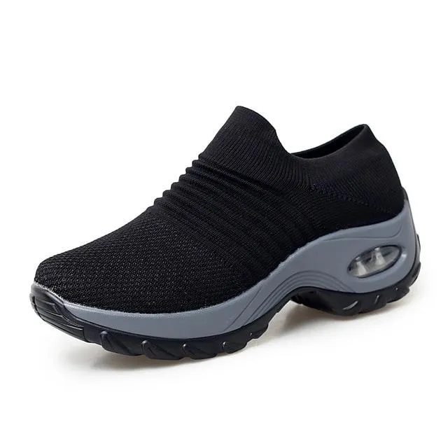 Shoes flat slip on platform black breathable mesh  sneakers