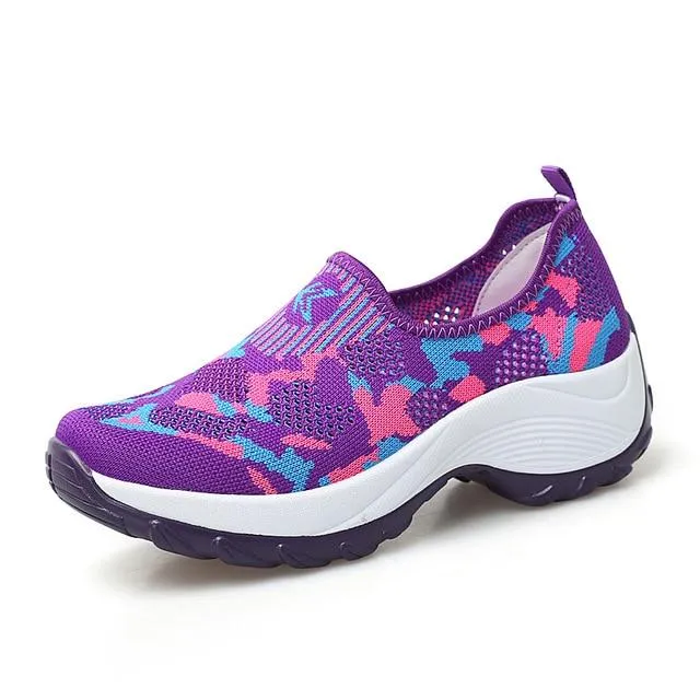 Shoes flat slip on platform black breathable mesh  sneakers