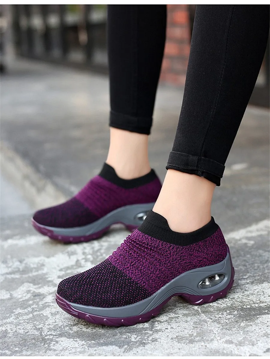 Shoes flat slip on platform black breathable mesh  sneakers