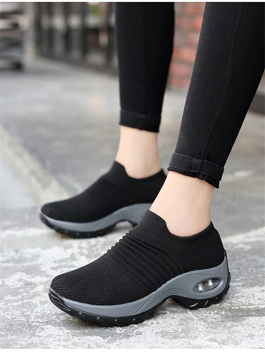 Shoes flat slip on platform black breathable mesh  sneakers