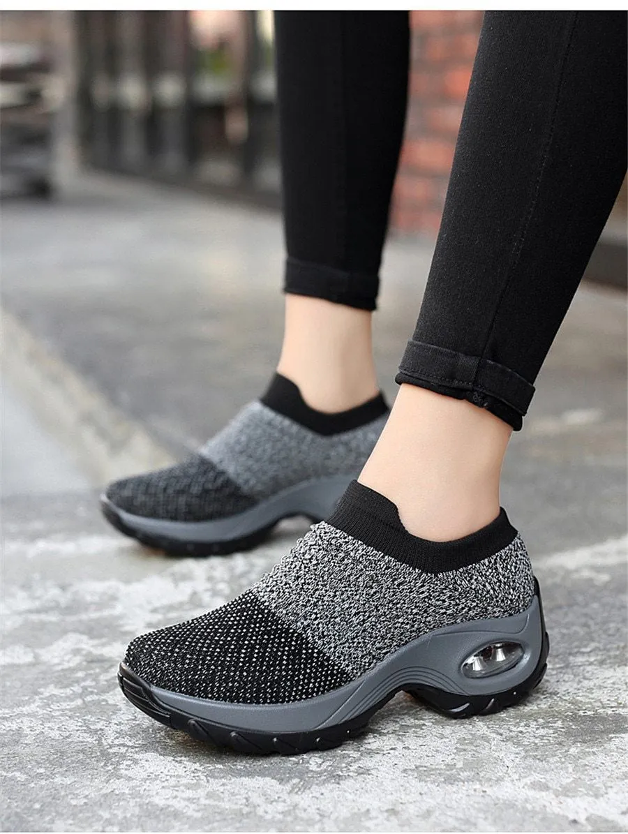 Shoes flat slip on platform black breathable mesh  sneakers