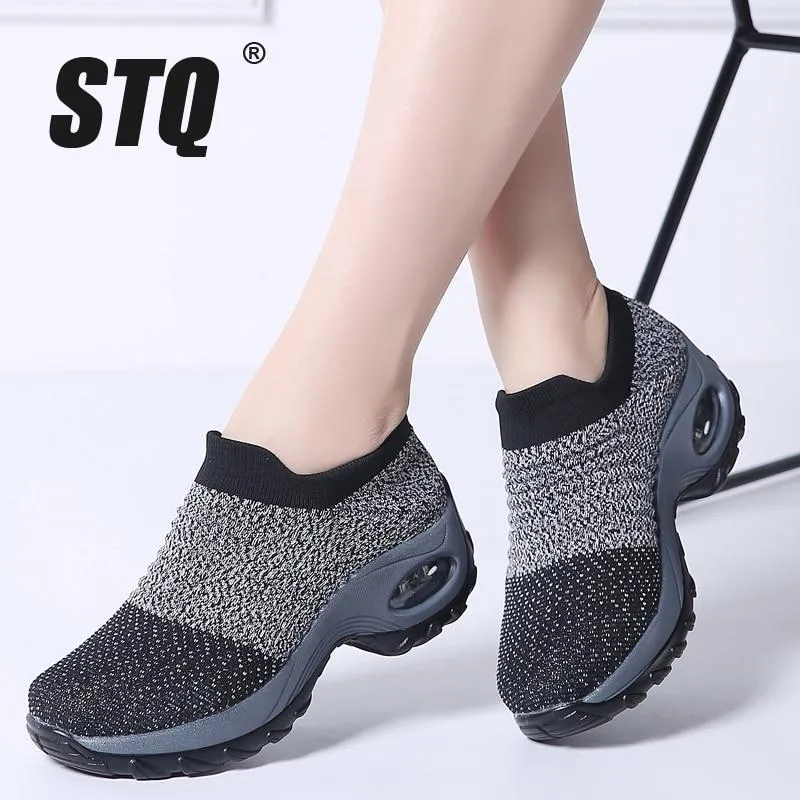 Shoes flat slip on platform black breathable mesh  sneakers