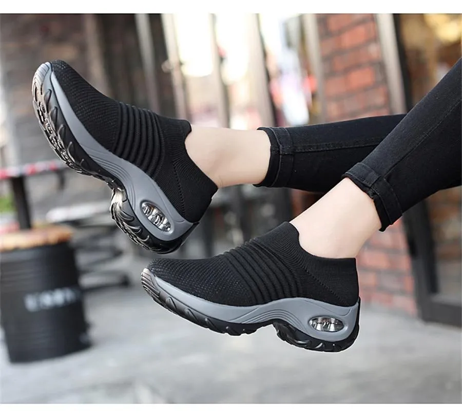 Shoes flat slip on platform black breathable mesh  sneakers