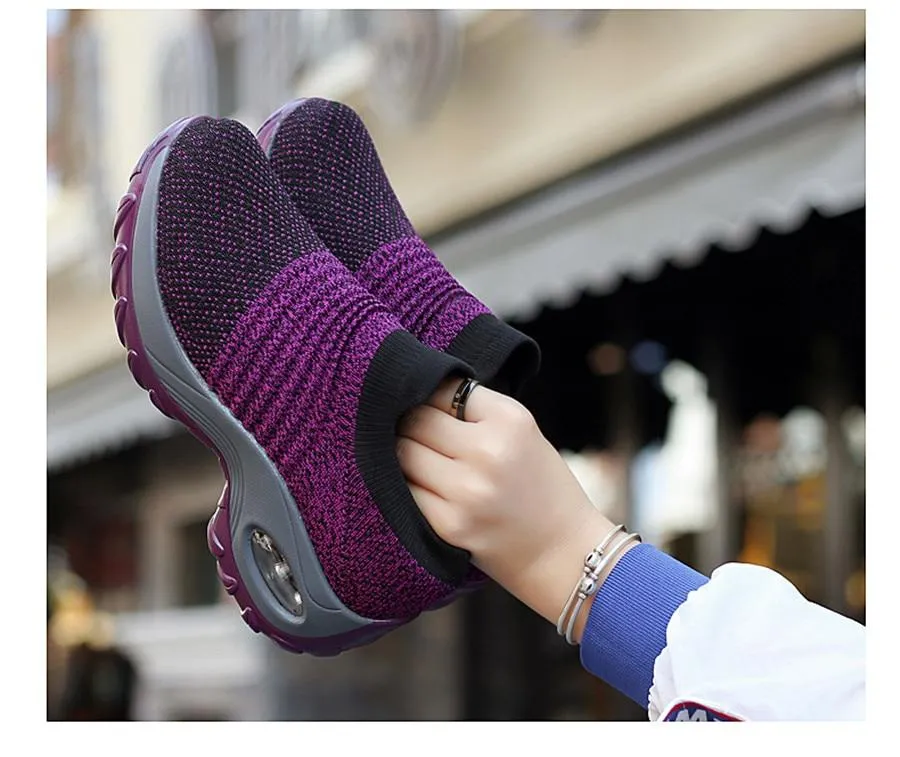 Shoes flat slip on platform black breathable mesh  sneakers