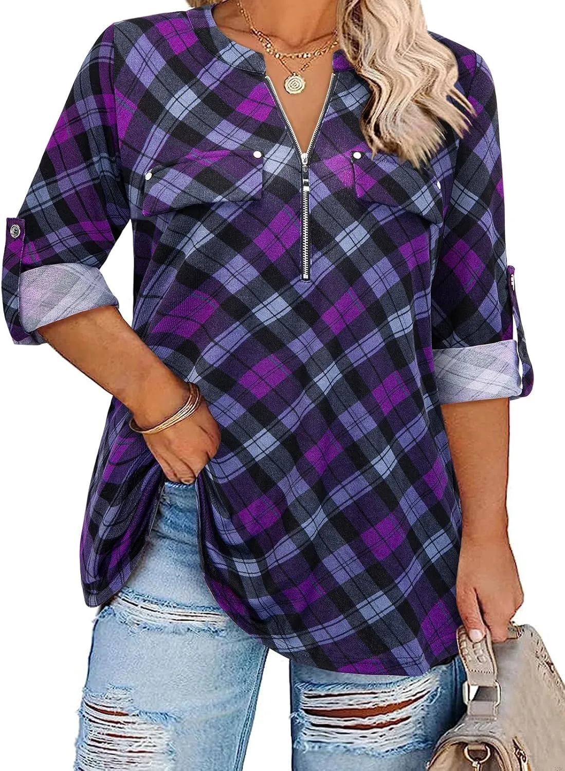 Siddhe Plus Size 3/4 Length Sleeve Womens Tops Zip V-Neck Tunic Tops Business Casual Dressy Blouses 1x-5x