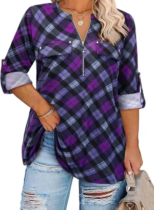 Siddhe Plus Size 3/4 Length Sleeve Womens Tops Zip V-Neck Tunic Tops Business Casual Dressy Blouses 1x-5x