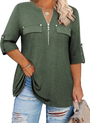 Siddhe Women 3/4 Sleeve Plus Size Tunics Zip Front V-Neck Tops Casual Loose Fit T Shirt Blouse