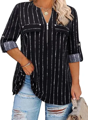 Siddhe Women 3/4 Sleeve Plus Size Tunics Zip Front V-Neck Tops Casual Loose Fit T Shirt Blouse
