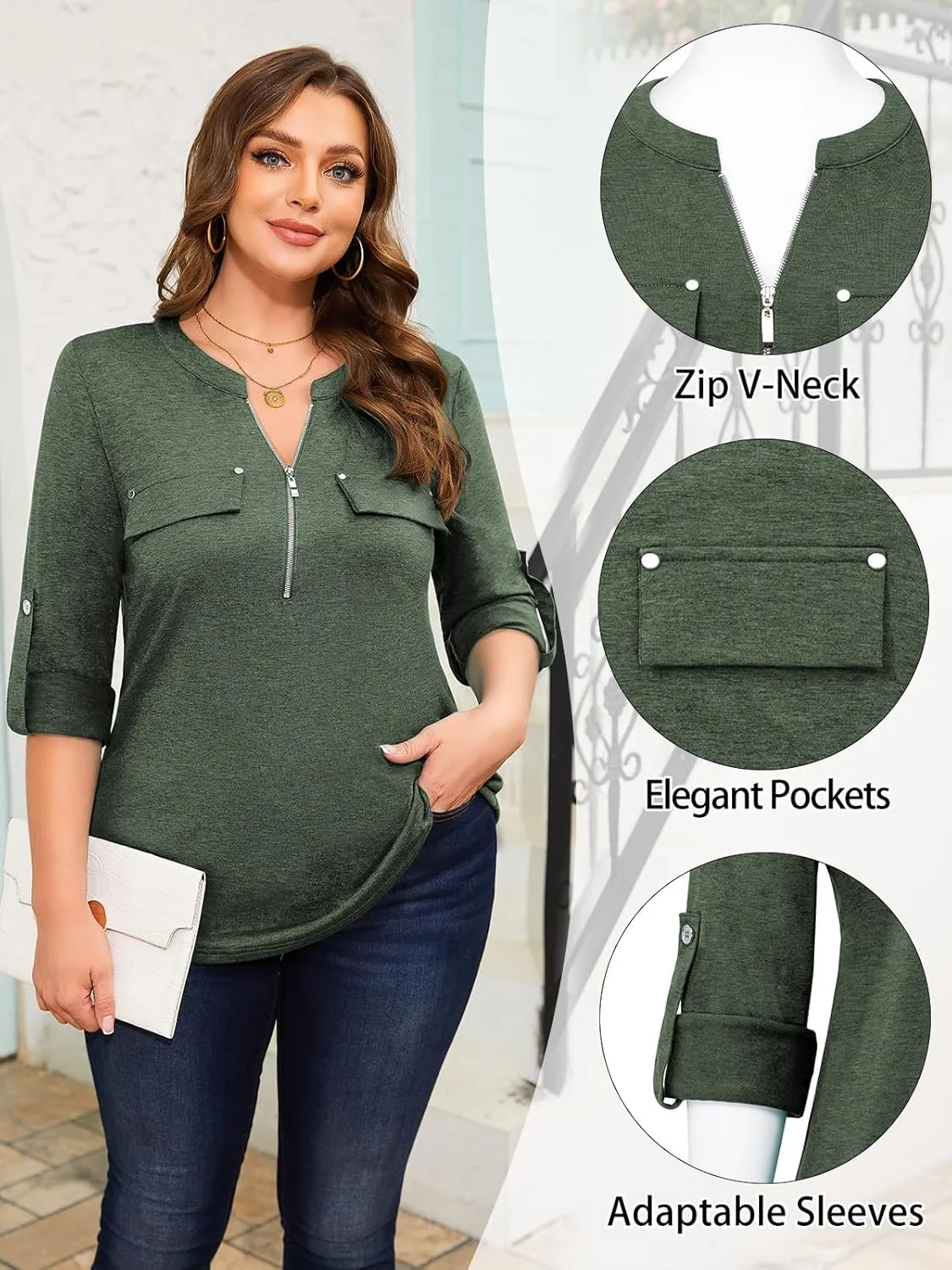 Siddhe Women 3/4 Sleeve Plus Size Tunics Zip Front V-Neck Tops Casual Loose Fit T Shirt Blouse