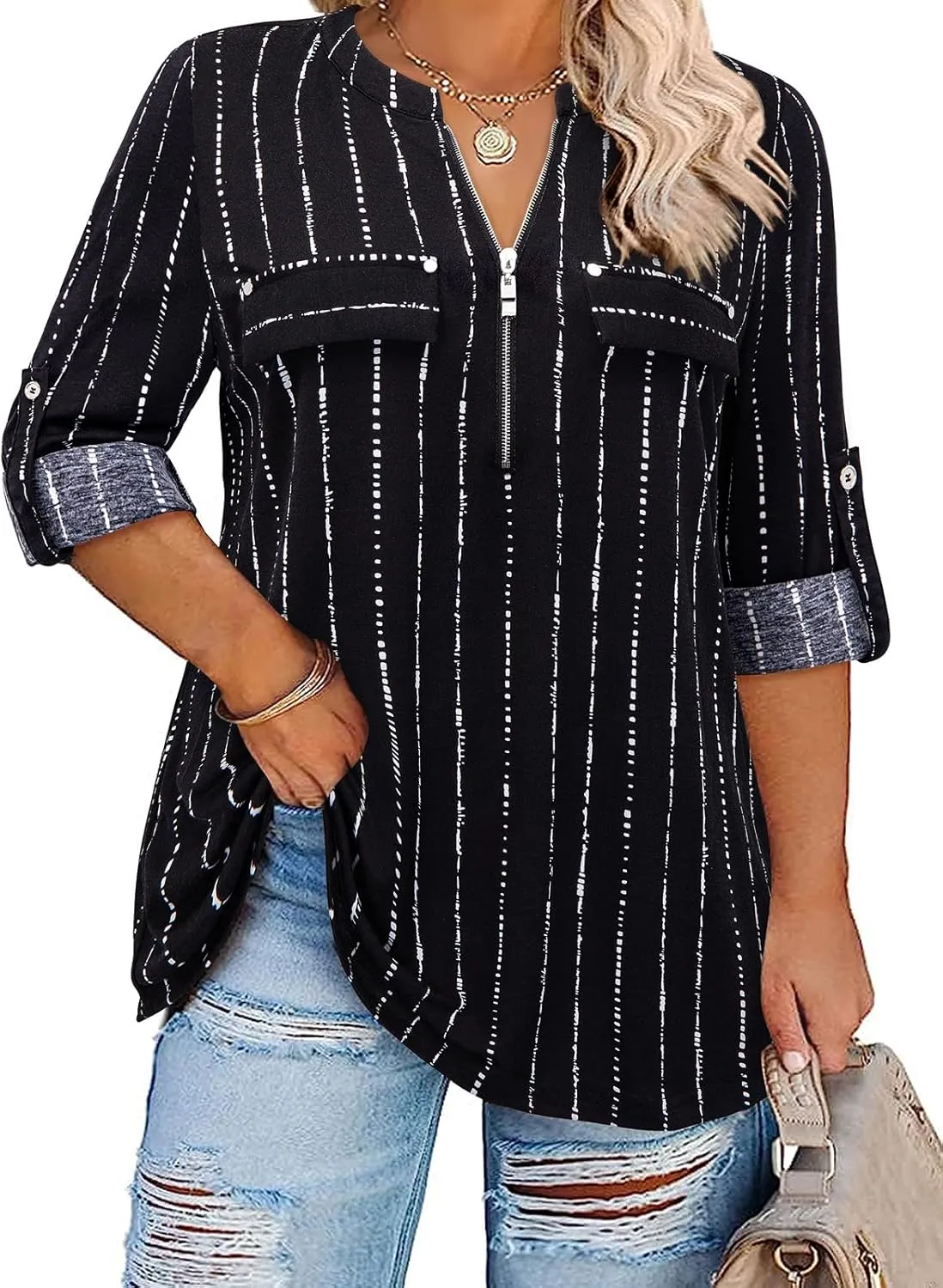 Siddhe Women 3/4 Sleeve Plus Size Tunics Zip Front V-Neck Tops Casual Loose Fit T Shirt Blouse