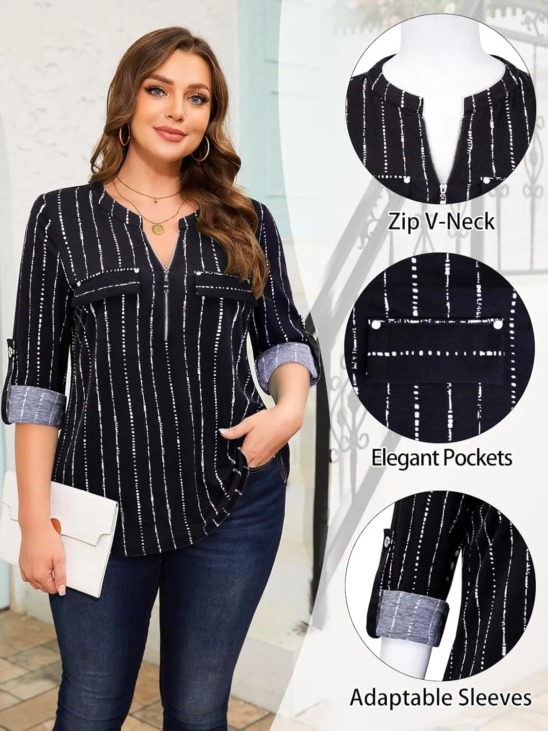 Siddhe Women 3/4 Sleeve Plus Size Tunics Zip Front V-Neck Tops Casual Loose Fit T Shirt Blouse