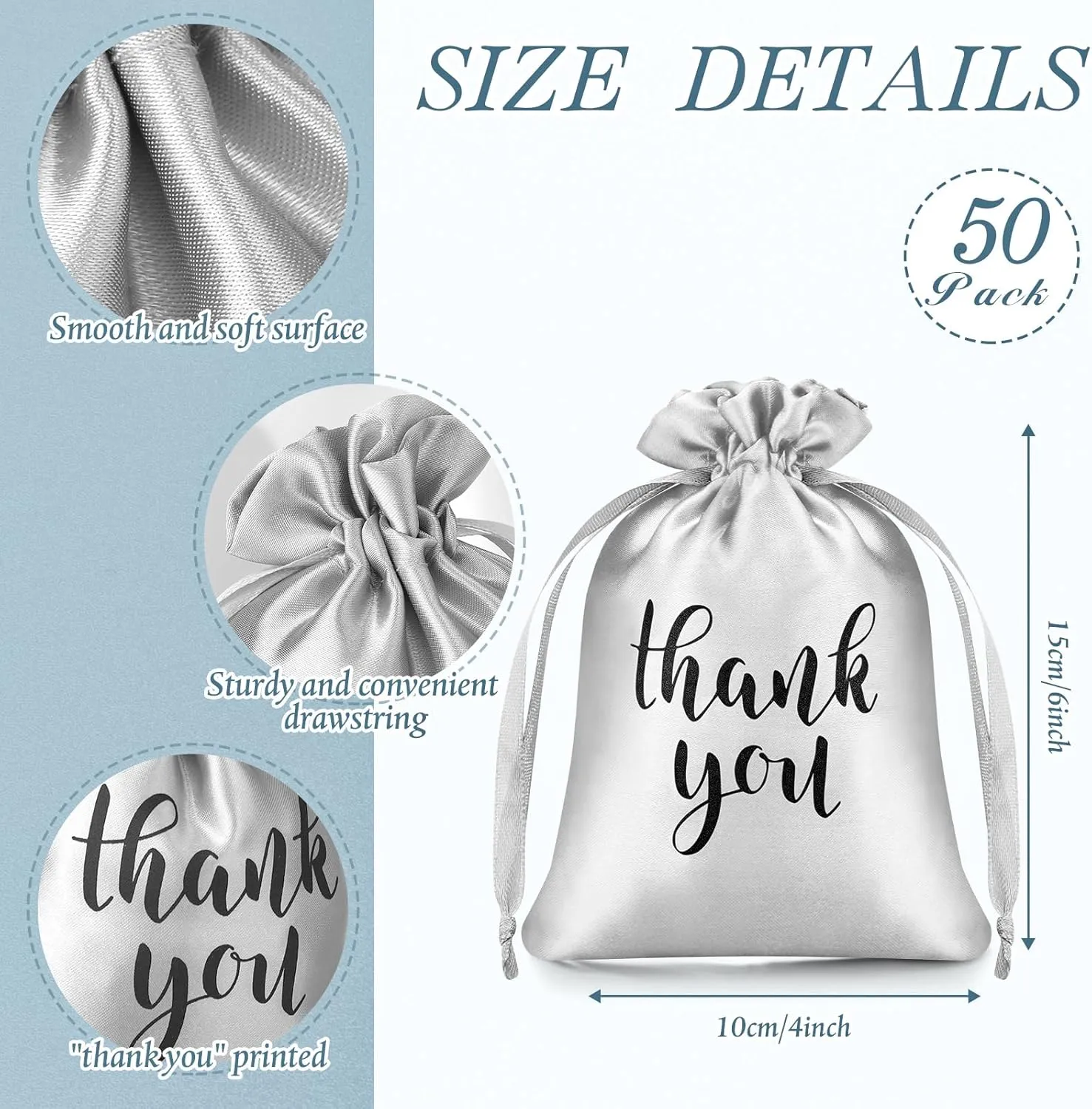 Sieral 50 Pcs Thank You Satin Gift Bags with Drawstring Jewelry Candy Bags for Wedding Bridal Shower Gift Wrap Bags for Birthday Party Anniversary Favor(Silver,4 x 6 Inch)