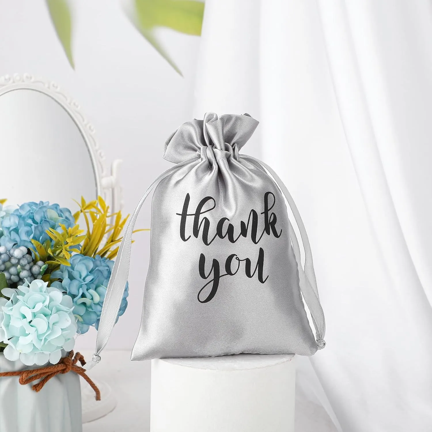 Sieral 50 Pcs Thank You Satin Gift Bags with Drawstring Jewelry Candy Bags for Wedding Bridal Shower Gift Wrap Bags for Birthday Party Anniversary Favor(Silver,4 x 6 Inch)