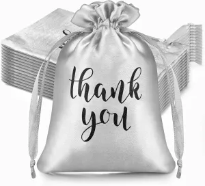 Sieral 50 Pcs Thank You Satin Gift Bags with Drawstring Jewelry Candy Bags for Wedding Bridal Shower Gift Wrap Bags for Birthday Party Anniversary Favor(Silver,4 x 6 Inch)