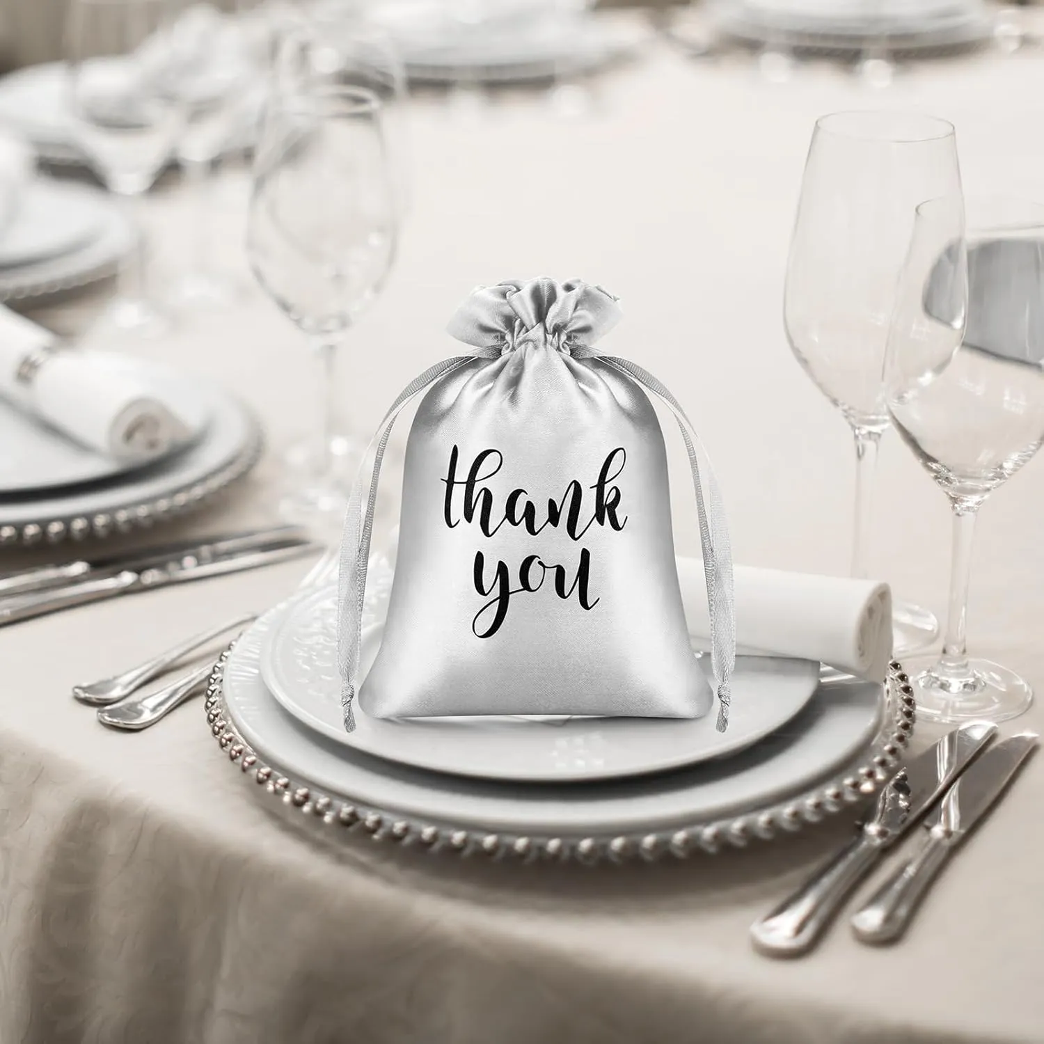 Sieral 50 Pcs Thank You Satin Gift Bags with Drawstring Jewelry Candy Bags for Wedding Bridal Shower Gift Wrap Bags for Birthday Party Anniversary Favor(Silver,4 x 6 Inch)
