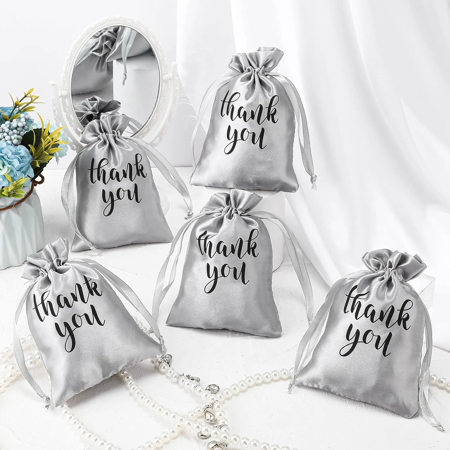 Sieral 50 Pcs Thank You Satin Gift Bags with Drawstring Jewelry Candy Bags for Wedding Bridal Shower Gift Wrap Bags for Birthday Party Anniversary Favor(Silver,4 x 6 Inch)