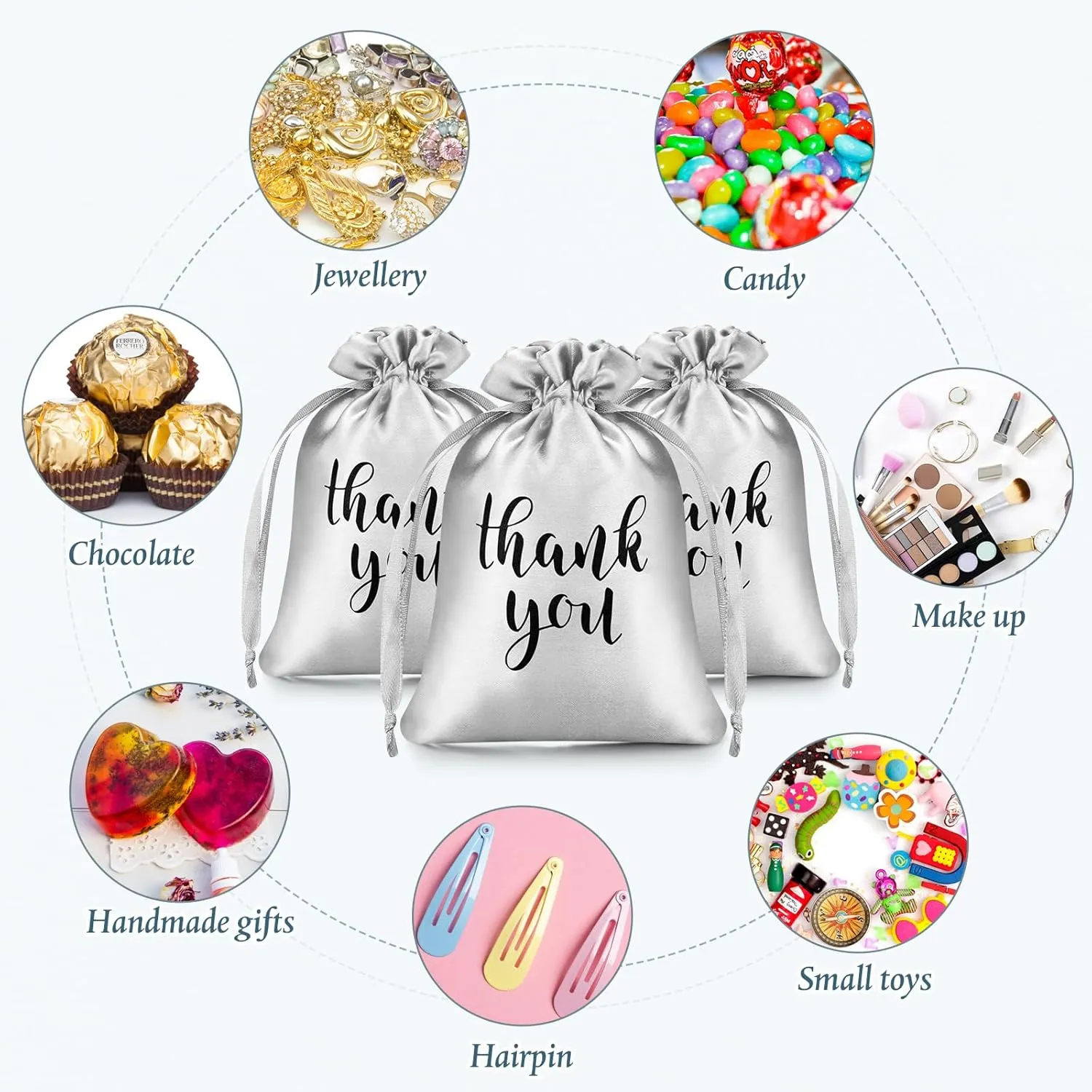 Sieral 50 Pcs Thank You Satin Gift Bags with Drawstring Jewelry Candy Bags for Wedding Bridal Shower Gift Wrap Bags for Birthday Party Anniversary Favor(Silver,4 x 6 Inch)