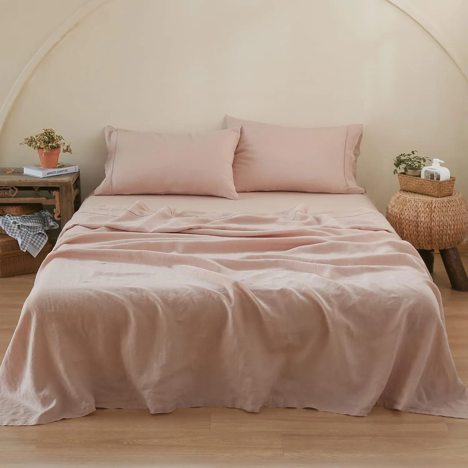 Simple&Opulence 100% Linen Sheet Set with Embroidery Washed - 4 Pieces (1 Flat Sheet & 1 Fitted Sheet & 2 Pillowcases) Natural Flax Soft Bedding Breathable Farmhouse - Pink, King Size