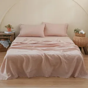 Simple&Opulence 100% Linen Sheet Set with Embroidery Washed - 4 Pieces (1 Flat Sheet & 1 Fitted Sheet & 2 Pillowcases) Natural Flax Soft Bedding Breathable Farmhouse - Pink, King Size