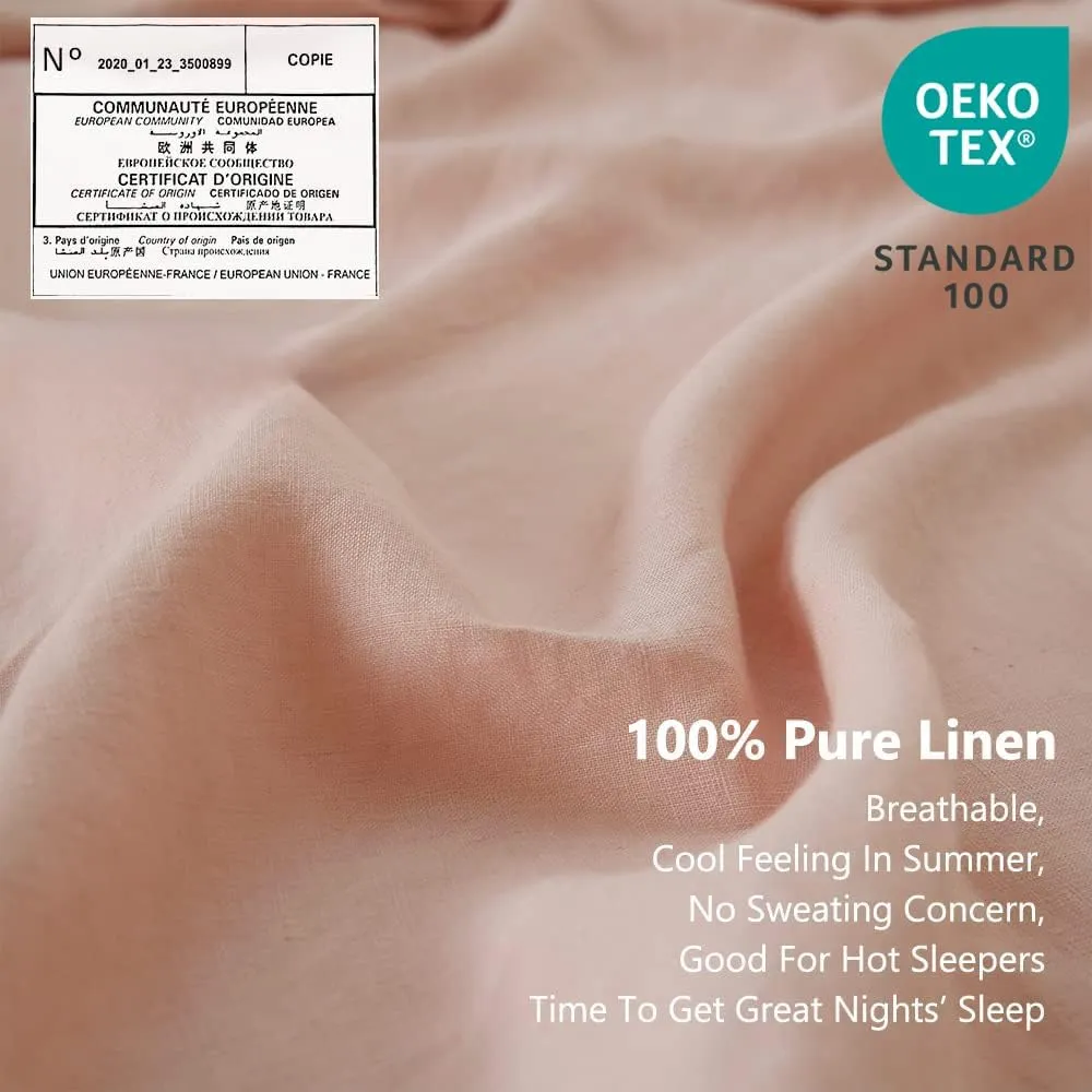 Simple&Opulence 100% Linen Sheet Set with Embroidery Washed - 4 Pieces (1 Flat Sheet & 1 Fitted Sheet & 2 Pillowcases) Natural Flax Soft Bedding Breathable Farmhouse - Pink, King Size