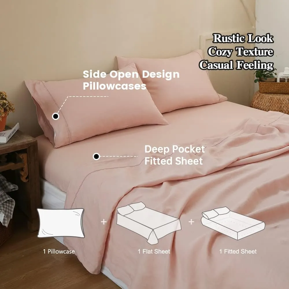 Simple&Opulence 100% Linen Sheet Set with Embroidery Washed - 4 Pieces (1 Flat Sheet & 1 Fitted Sheet & 2 Pillowcases) Natural Flax Soft Bedding Breathable Farmhouse - Pink, King Size
