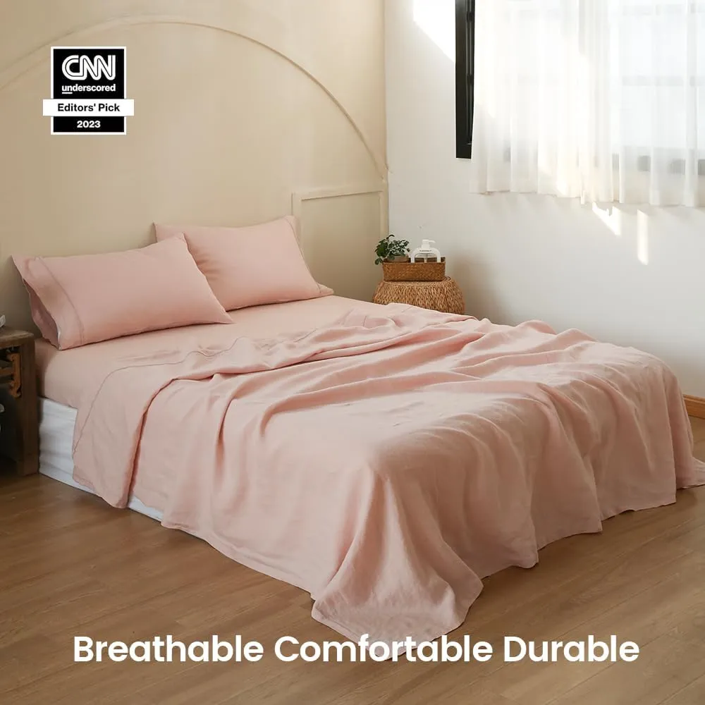 Simple&Opulence 100% Linen Sheet Set with Embroidery Washed - 4 Pieces (1 Flat Sheet & 1 Fitted Sheet & 2 Pillowcases) Natural Flax Soft Bedding Breathable Farmhouse - Pink, King Size