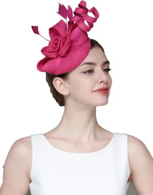 Sinamay Fascinator Hat Floral Feather Pillbox Derby Hats for Women Wedding Tea Party with Headband Clip