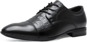 Single Season Dress Oxford for Men Lace Up Crocodile Embossed Cap Toe Derby Shoes Leather Low Top Rubber Sole Slip Resistant Block Heel Prom Very Popular Among Young People