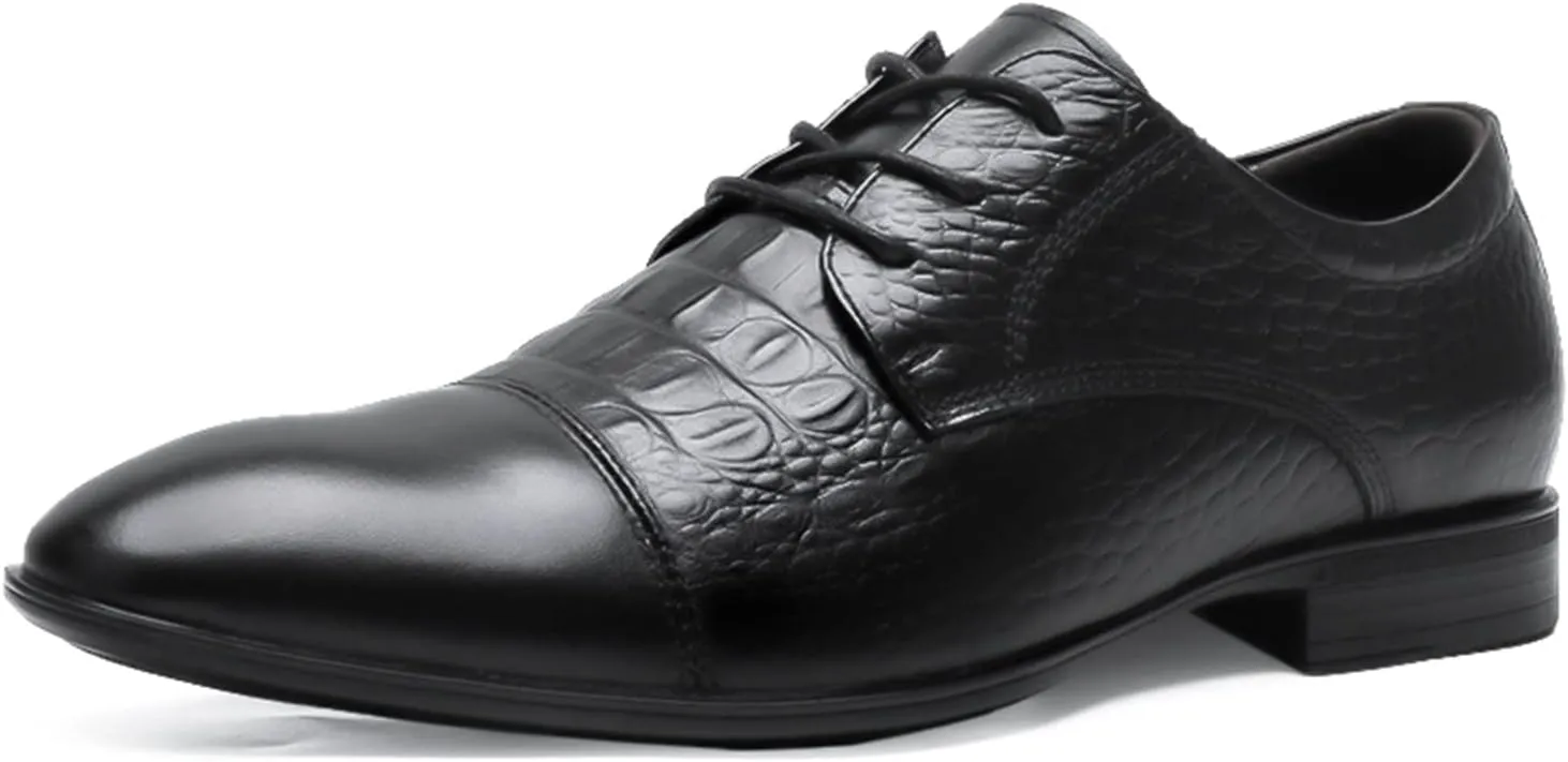Single Season Dress Oxford for Men Lace Up Crocodile Embossed Cap Toe Derby Shoes Leather Low Top Rubber Sole Slip Resistant Block Heel Prom Very Popular Among Young People