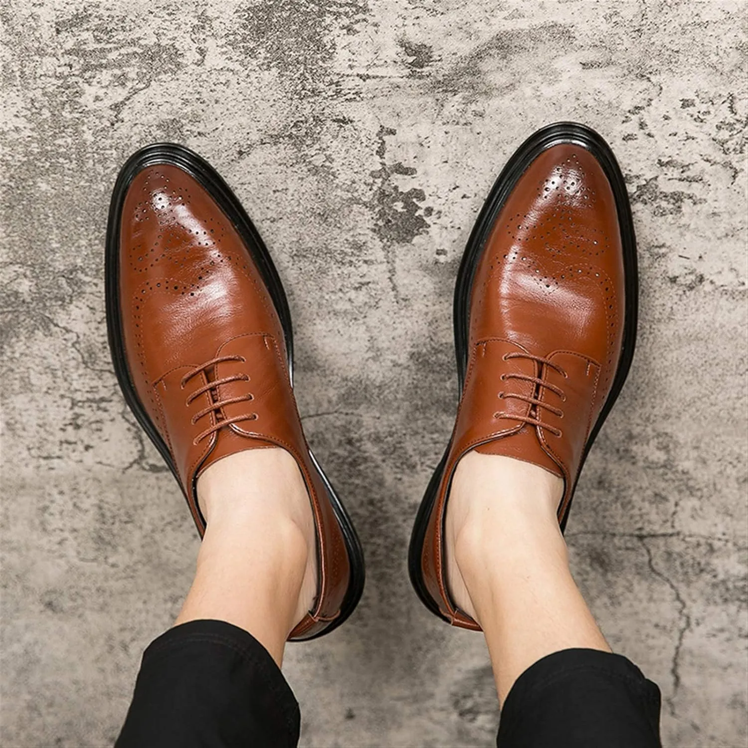 Single Season Dress Oxford for Men Lace Up Wing Tip Brogue Derby Shoes Cowhide Rubber Sole Slip Resistant Anti-Slip Non Slip Low Top Prom Very Popular Among Young People