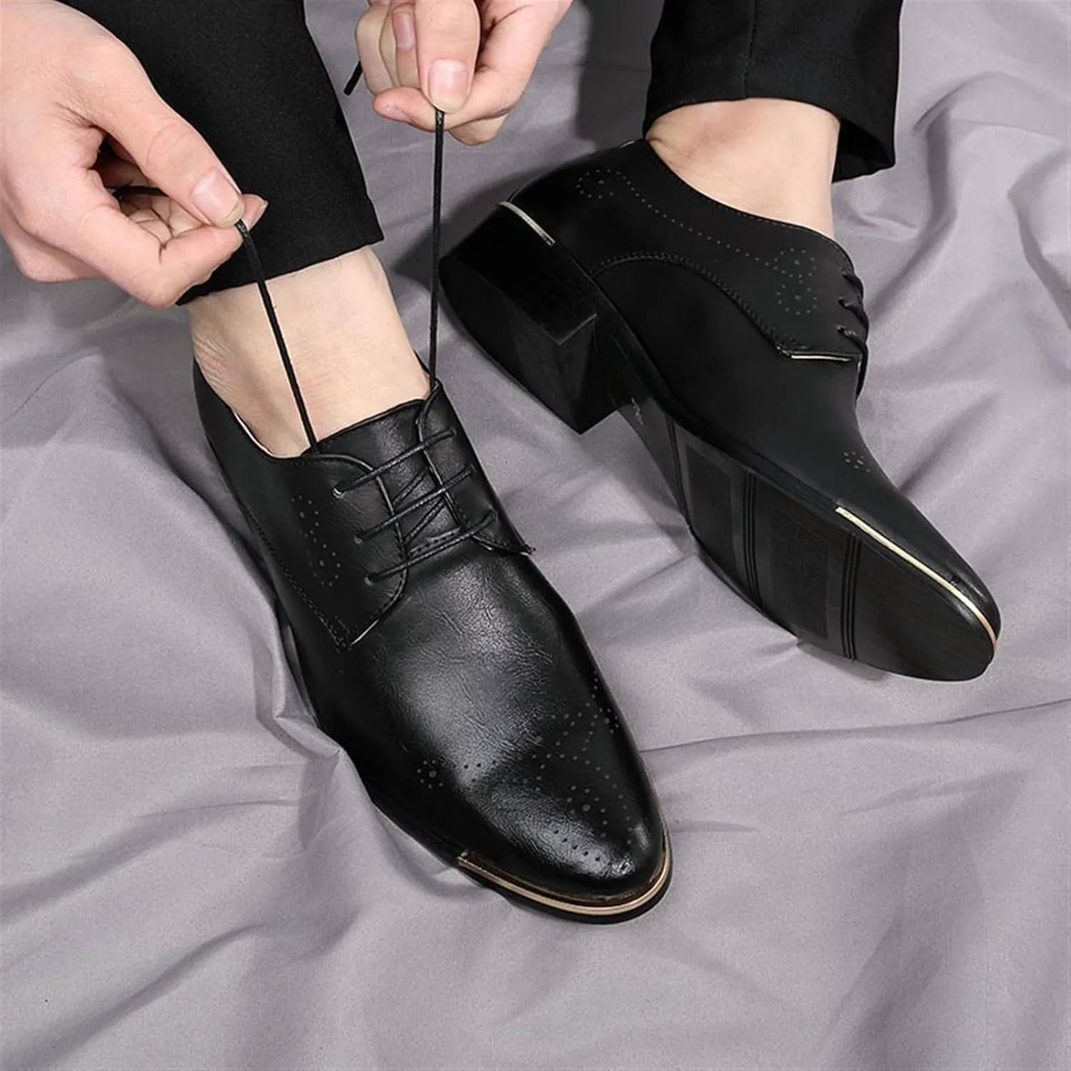 Single Season Dress Oxford Shoes for Men Lace Up Wing Tip Burnished Toe Derby Shoes Vegan Leather Anti-Slip Block Heel Rubber Sole Prom Very Popular Among Young People