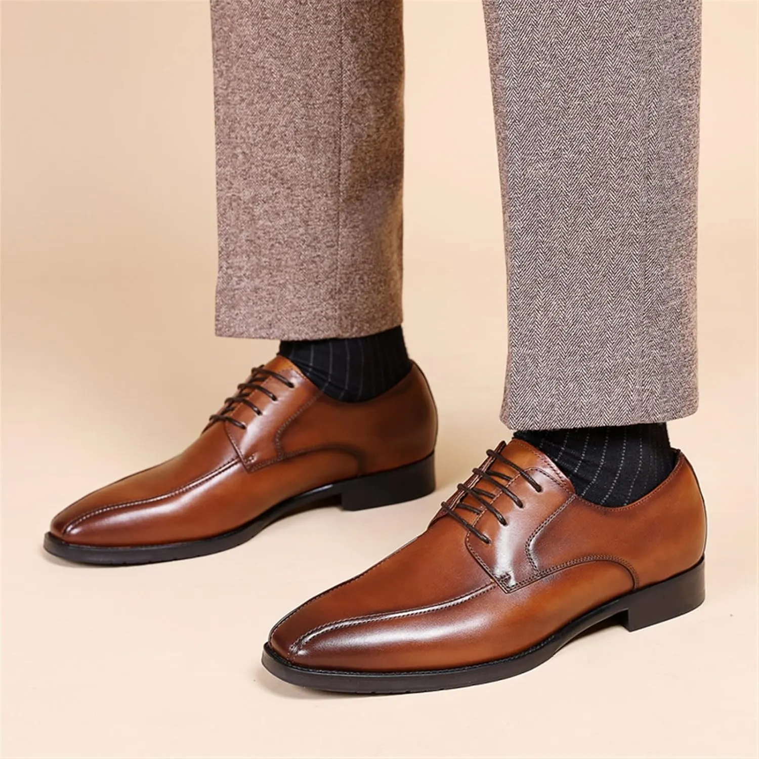Single Season Oxford Dress Shoes for Men Lace Up Bike Toe Derby Shoes Vegan Leather Rubber Sole Block Heel Low Top Classic Very Popular Among Young People