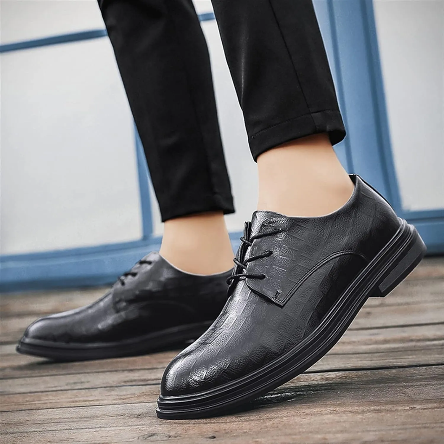 Single Season Shoes Dress Oxford for Men Lace Up Plaid Round Toe Derby Shoes Vegan Leather Slip Resistant Rubber Sole Low Top Block Heel Wedding Very Popular Among Young People