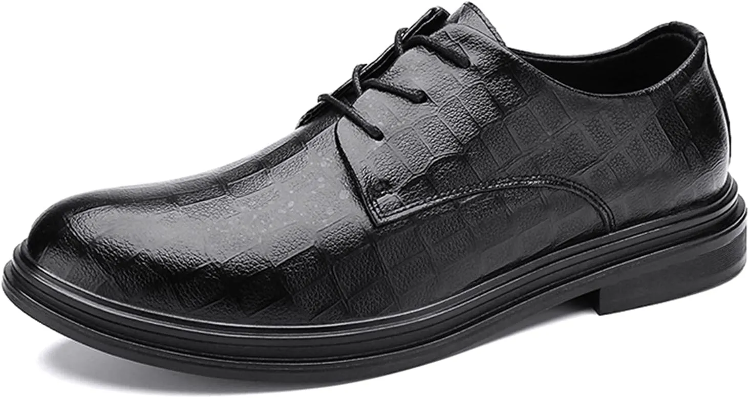 Single Season Shoes Dress Oxford for Men Lace Up Plaid Round Toe Derby Shoes Vegan Leather Slip Resistant Rubber Sole Low Top Block Heel Wedding Very Popular Among Young People
