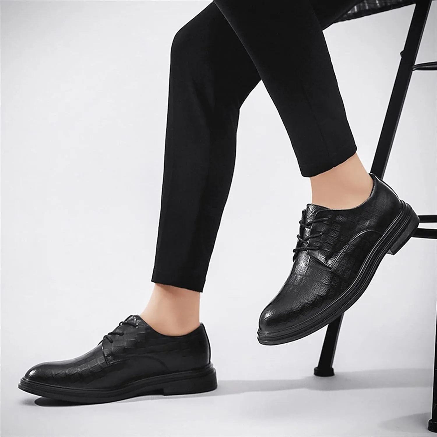 Single Season Shoes Dress Oxford for Men Lace Up Plaid Round Toe Derby Shoes Vegan Leather Slip Resistant Rubber Sole Low Top Block Heel Wedding Very Popular Among Young People