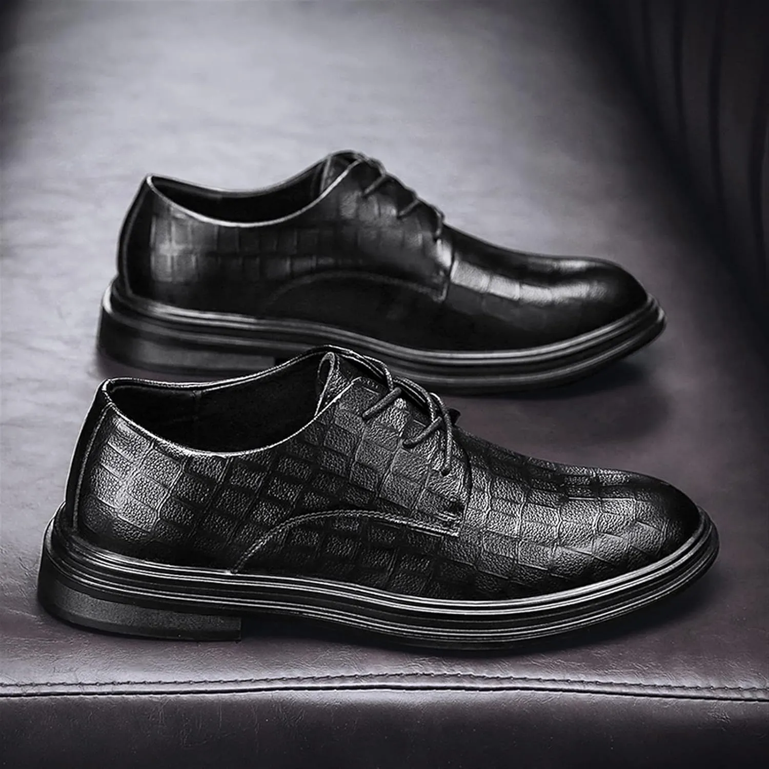 Single Season Shoes Dress Oxford for Men Lace Up Plaid Round Toe Derby Shoes Vegan Leather Slip Resistant Rubber Sole Low Top Block Heel Wedding Very Popular Among Young People