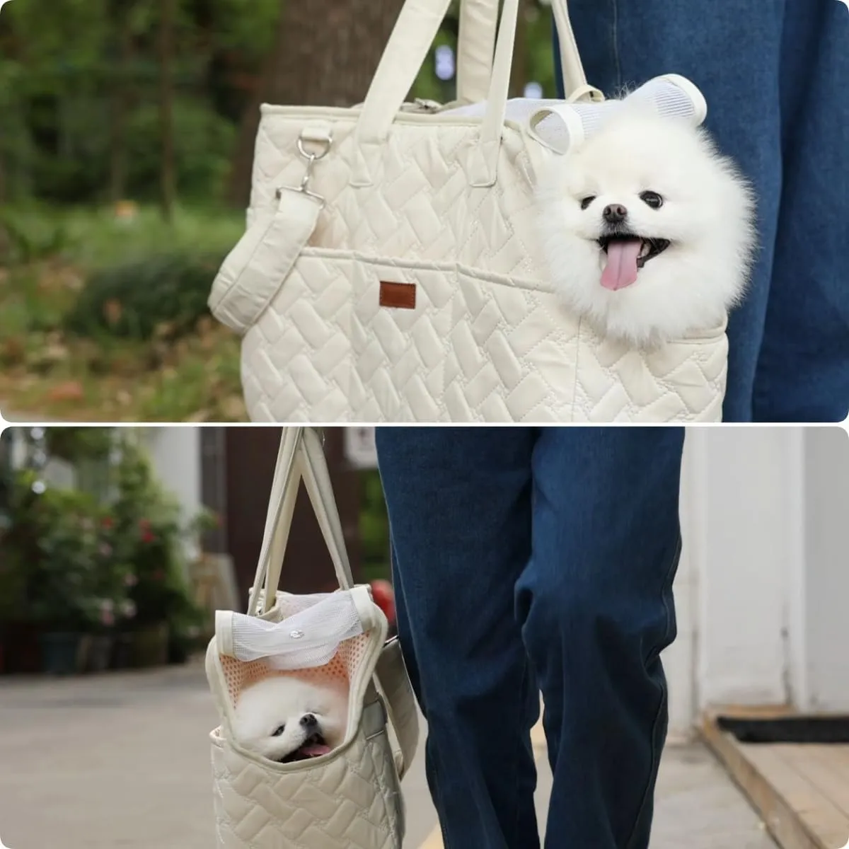 Small Dog Purse Bag Woman,Cat/Puppy Handbag with Multiple Pockets,Breathable Mesh Soft Cushion,Pets Carrier Traveling Totes Picnic Outdoor,7-15lb (Cream, Large)