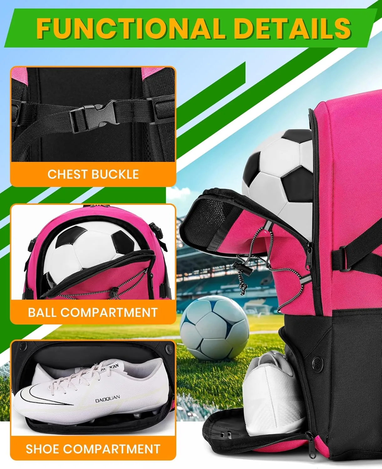 Soccer Backpack with Ball Holder &Soccer bag With Shoe Compartment, Water-Resistant Sports Bag for Soccer, Basketball, Football, Volleyball