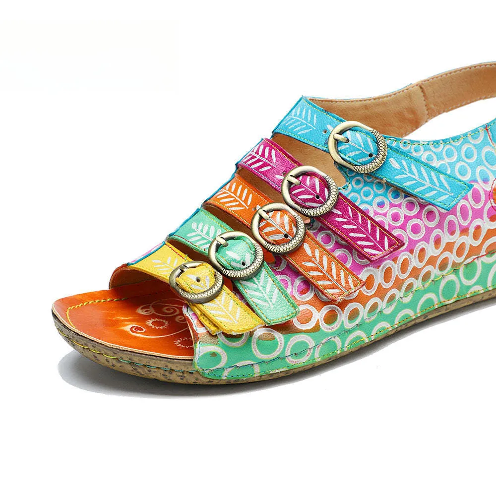 Socofy summer genuine leather belt buckle comfortable flat women's sandals