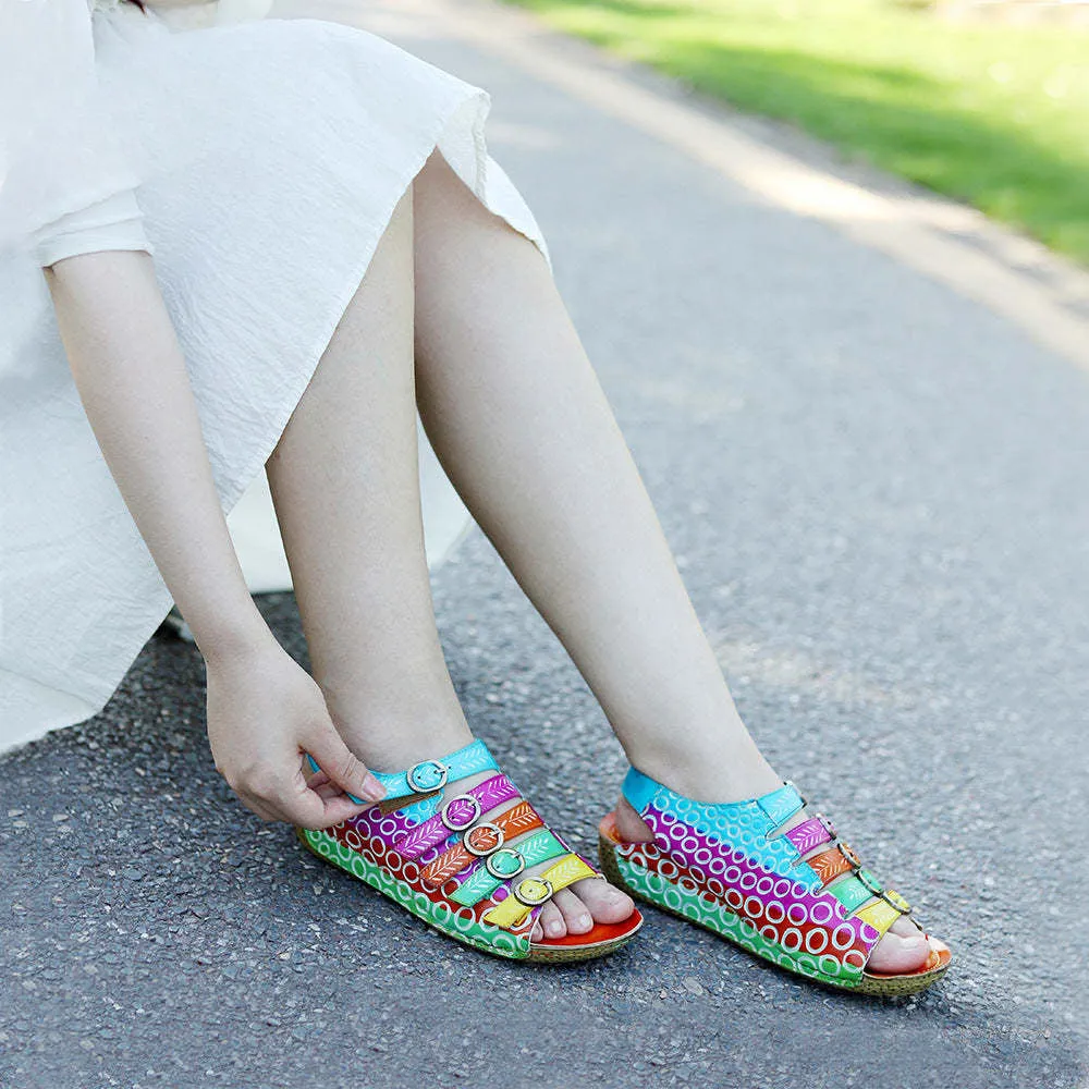 Socofy summer genuine leather belt buckle comfortable flat women's sandals