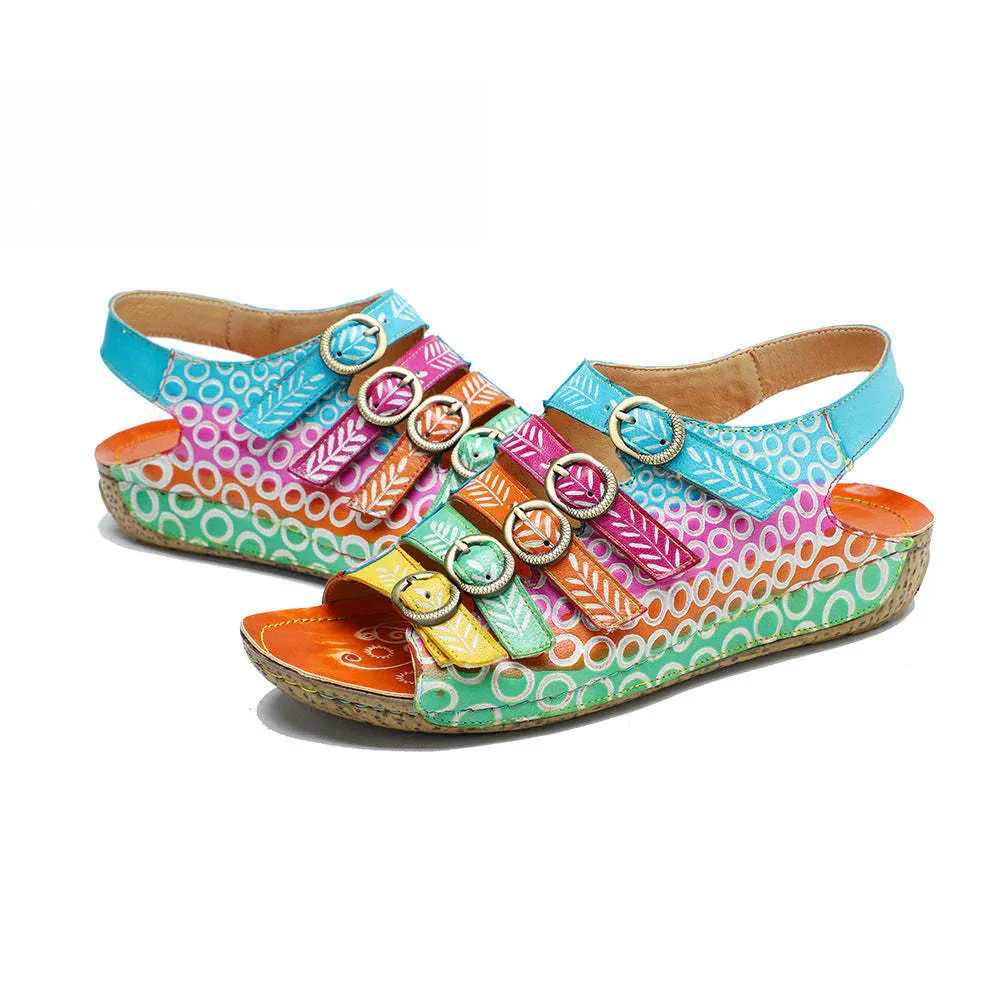 Socofy summer genuine leather belt buckle comfortable flat women's sandals