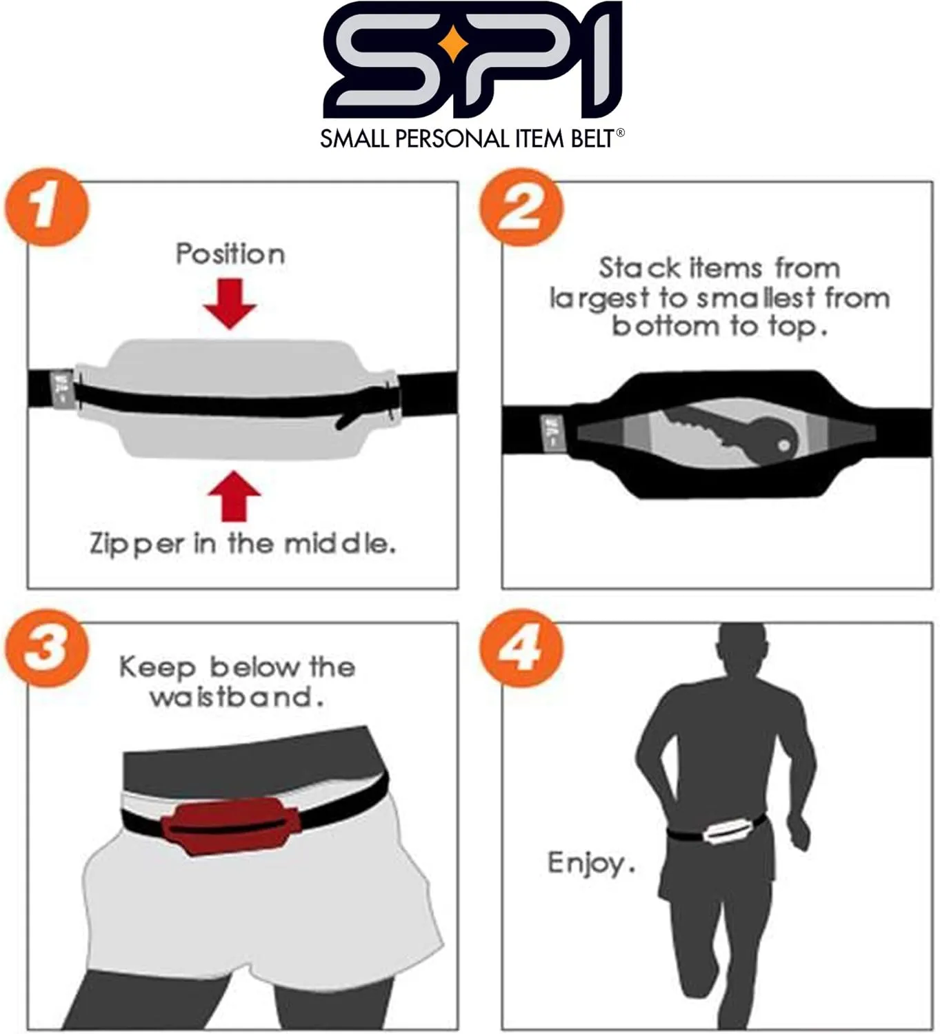 SPIbelt Original Pocket Running Belt for Women Men, Phone Holder for Running, Running Fanny Pack, Holder for Phone, Running Waist Pack, Expandable, Adjustable. Black with Blue Zipper